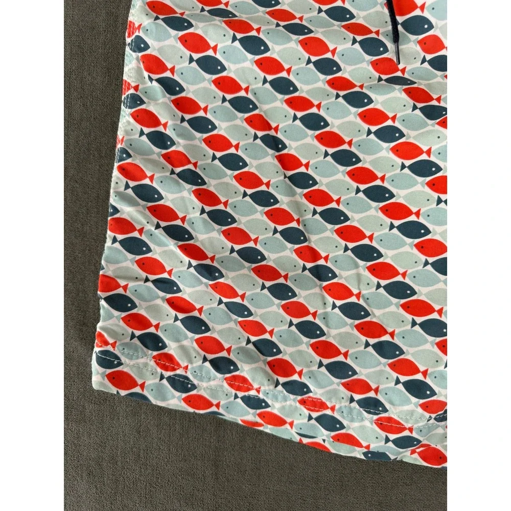J. Crew Swim Trunks Mens Size 35 Fish Print Navy Blue‎ Drawstring Board Shorts